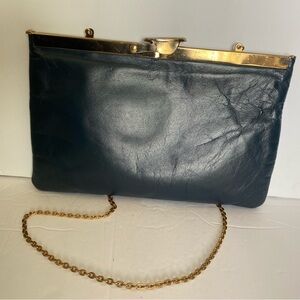 Etra Genuine Leather clutch purse shoulder bag dark navy blue vintage